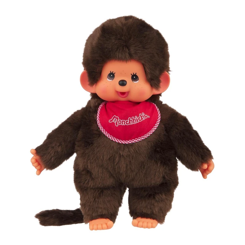 Sekiguchi 255410 Original Monchhichi Boy, Plush Toy with Red Bib and Braids with Bows, Approx. 45 cm Large Cuddly Toy Made of Brown Plush