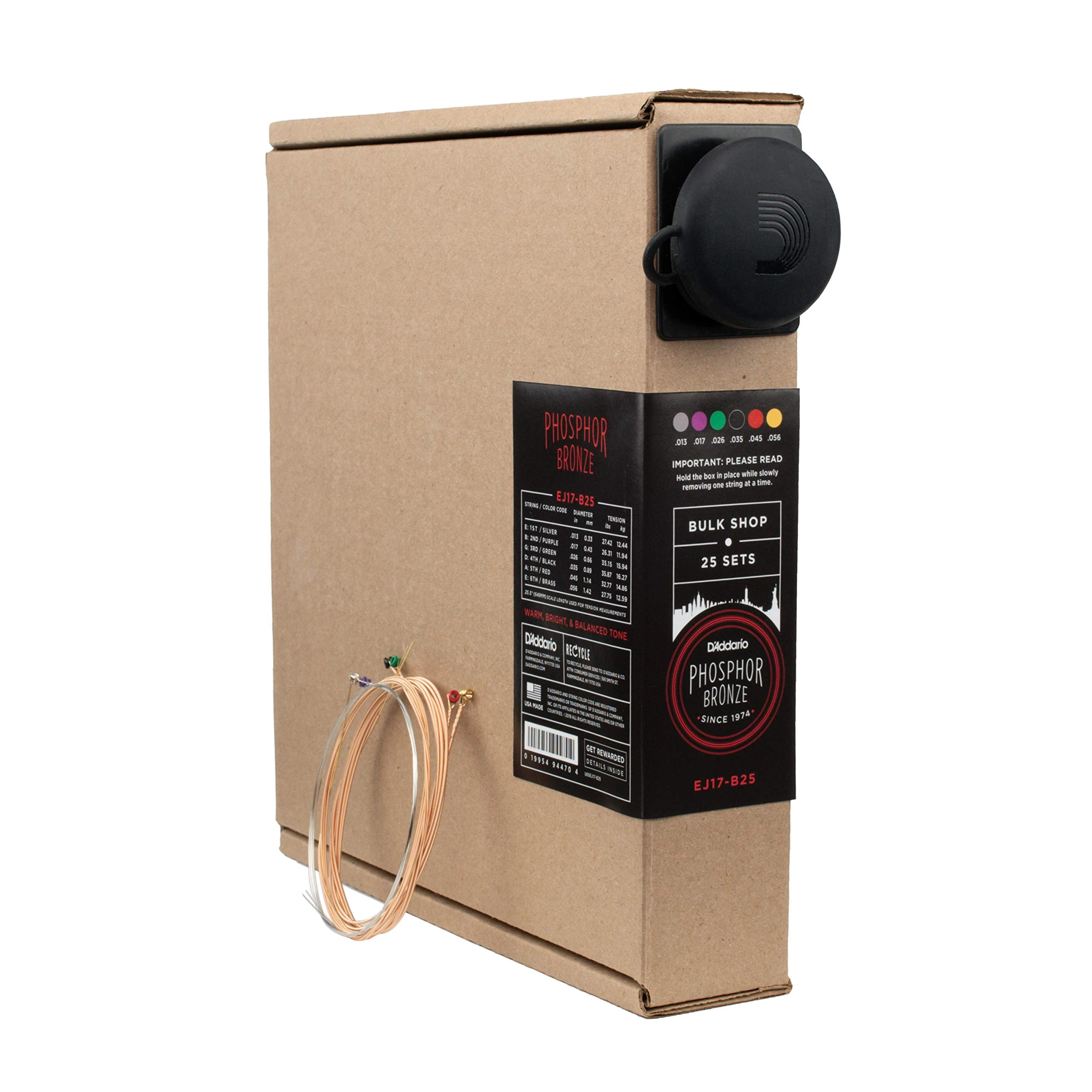 D'Addario Guitar Strings - Phosphor Bronze Acoustic Guitar Strings - EJ17-B25 - Rich, Full Tonal Spectrum - For 6 String Guitars - 13-56 Medium, 25-Set Bulk Box