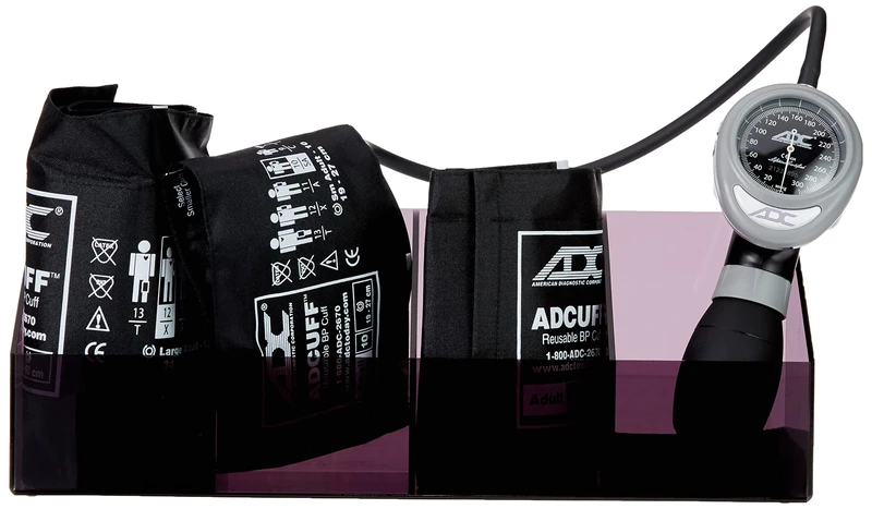 ADC Multikuf 705 General Practice Multicuff Kit with 804 Palm Aneroid Sphygmomanometer, Small Adult, Adult and Large Adult Blood Pressure Cuffs (19-50 cm), Plexiglass Tray, Black