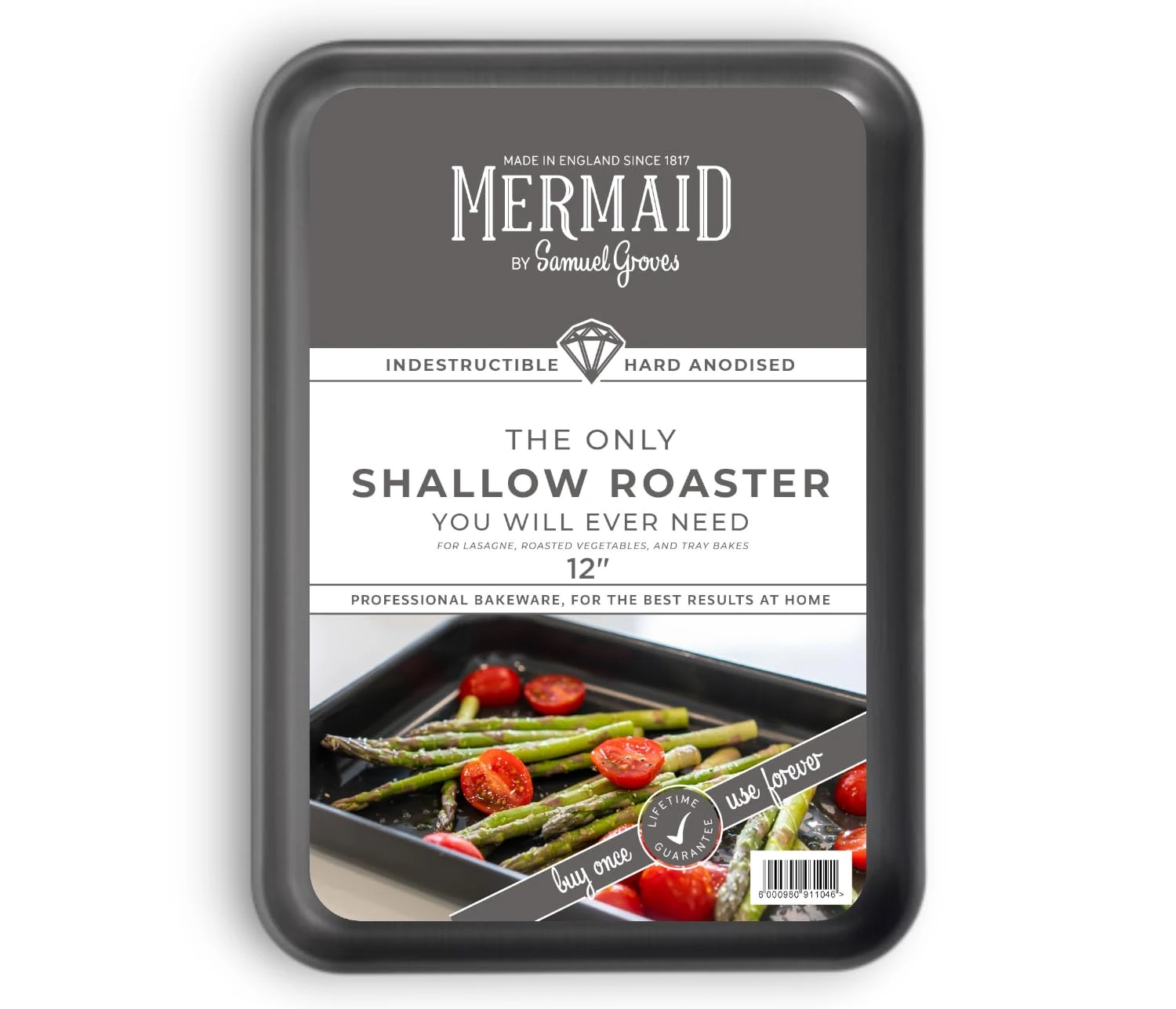 Mermaid 12" Hard Anodised Shallow Roasting Dish – UK Made Professional Naturally Non-Stick Oven Tray for Vegetables, Potatoes & Everyday Roasting (31cm x 21cm)