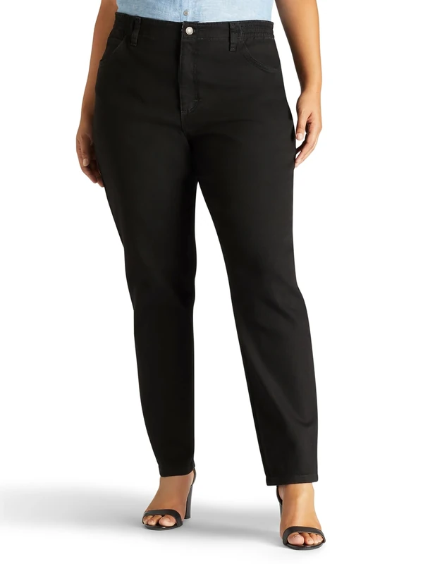 Lee Women's Plus-Size Relaxed Fit Side Elastic Tapered Leg Jean, Black Stretch, 26W Long