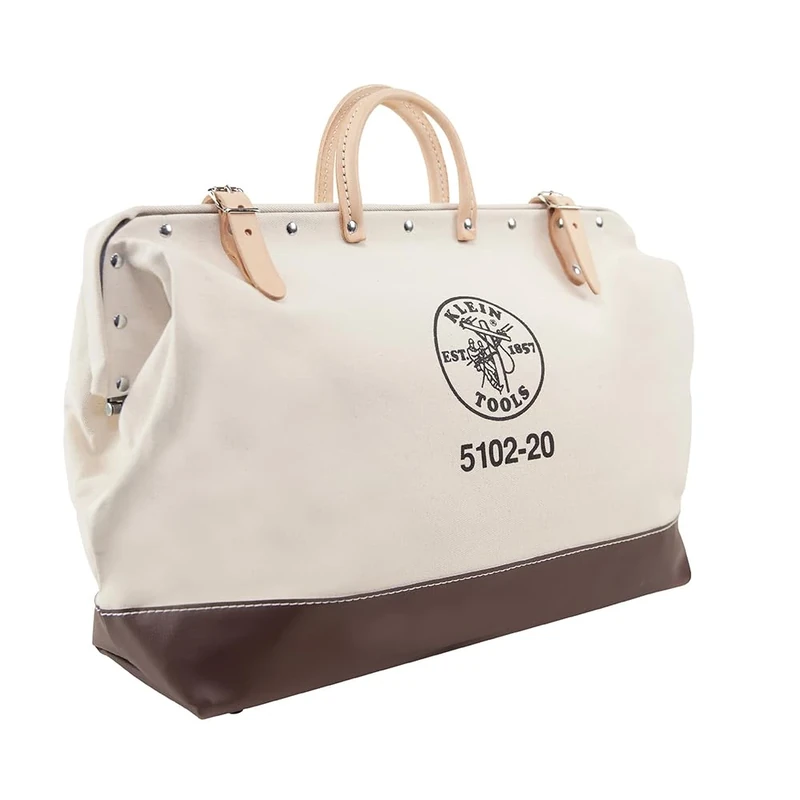 Klein Tools 5102-20 Heavy Duty Natural Canvas Tool Bag, Tool Tote, Multi-Purpose Bag with Wide Hinged Opening and Leather Handles, 20-Inch
