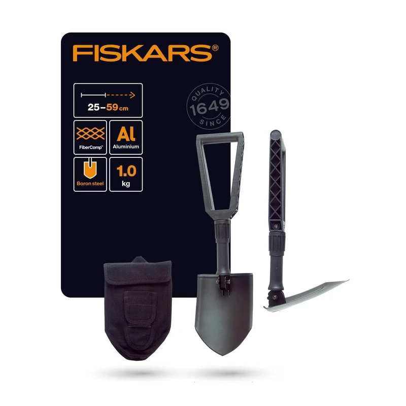 Fiskars Folding Spade for Campers and Mountaineers, Can Also be used as Shovel and Pickaxe, With Canvas Bag, Length (Unfolded): 59 cm, Hardened Boron Steel, Black, 1000621