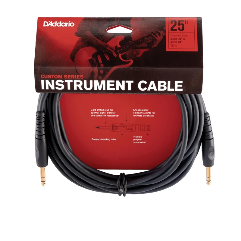 D’Addario Accessories Custom Series Guitar Cables - Instrument Cable with ¼ Inch Ends - High Performance Guitar Cord - For Guitars, Bass, Keyboards - Stereo - Straight End, 25 feet