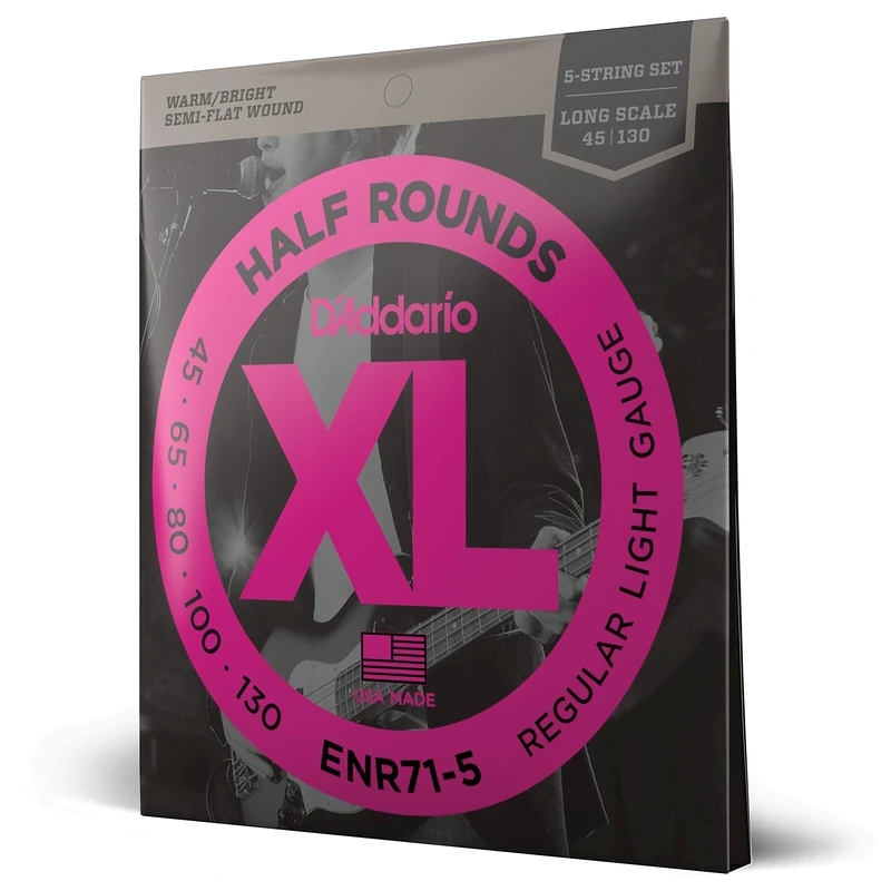 D'Addario Bass Guitar Strings, XL Nickel Half Rounds, ENR71-5, Long Scale, Regular Light Gauge 45-130, 5-String Set, Pack of 1