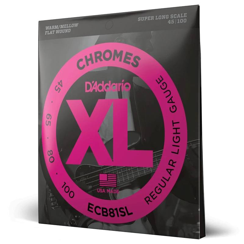 D'Addario XL Chromes Flat Wound Bass Guitar Strings - ECB81SL - Super Long Scale - Regular Light, 45-100