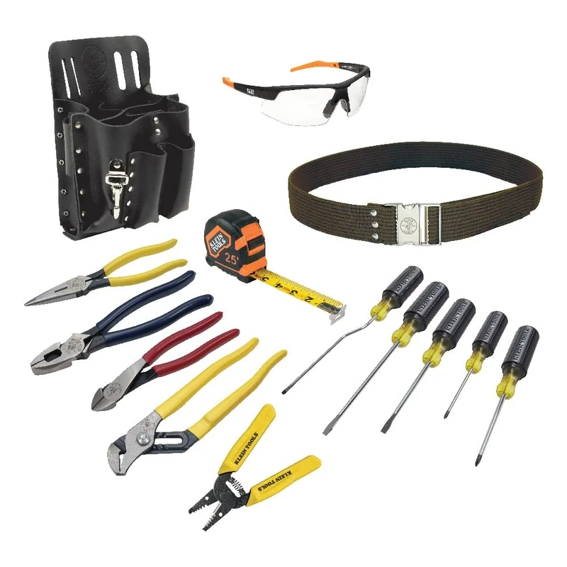 Klein Tools 80014 Electrician Tool Kit with an Array of Tools and Eye Protection, Comes in 8-Pocket Leather Tool Pouch, 14-Piece