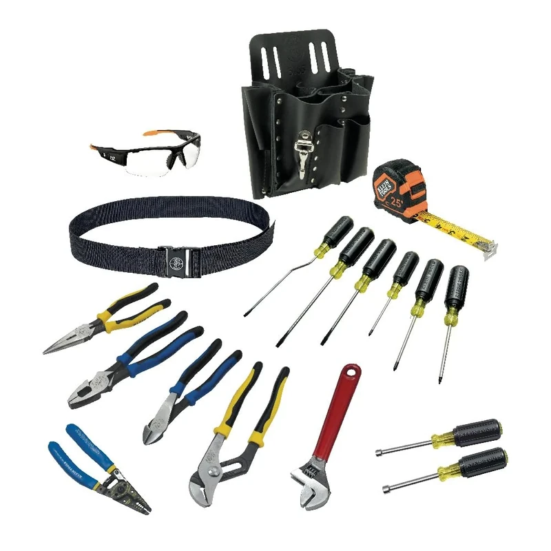 Klein Tools 80118 Electrician Tool Kit with Klein Tools Hand Tools and Eye Protection, Comes in 10-Pocket Leather Tool Pouch, 18-Piece