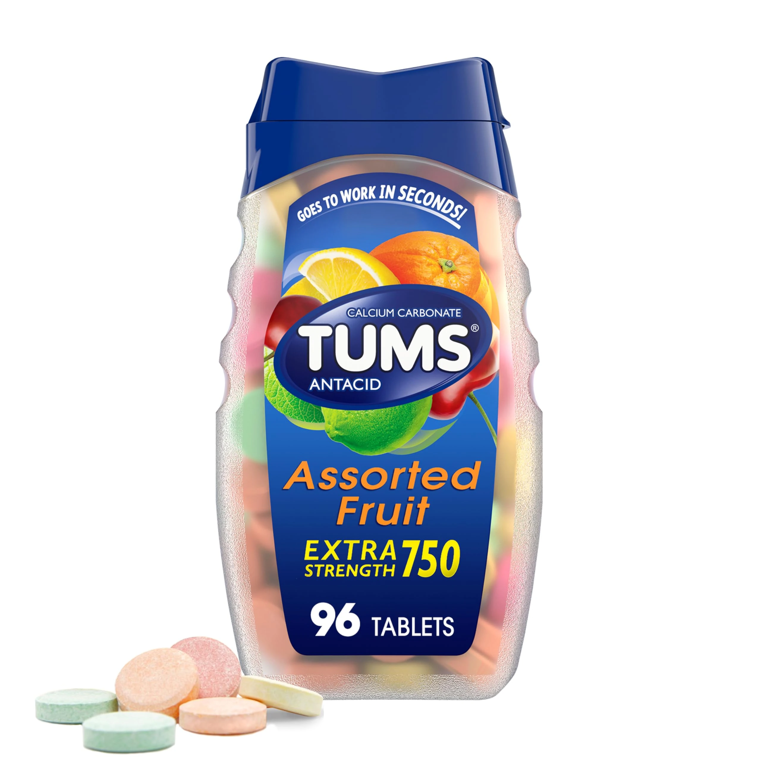TUMS Antacid Chewable Tablets, Extra Strength for Heartburn Relief, Assorted Fruit, 96 count