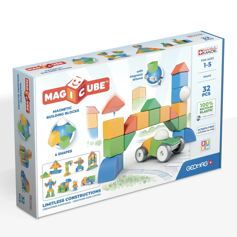Geomag - Magicube 1+ Shapes - Magnetic Blocks for Kids - 4 Colours and Shapes - 32 Cubes – 100 Percent Recycled Plastic,Blue, Green, Yellow, Red