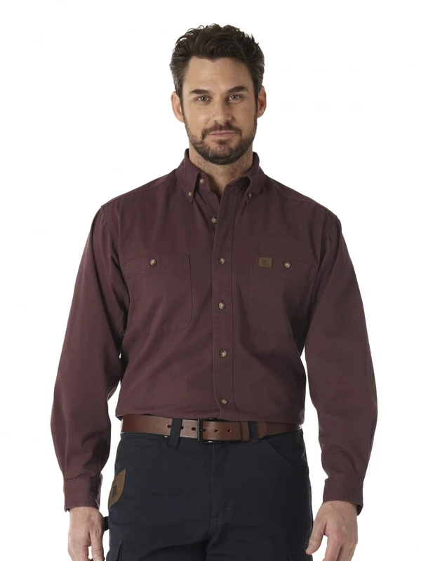 Wrangler Men's Logger Twill Long Sleeve Workshirt SHIRT, Burgundy, M