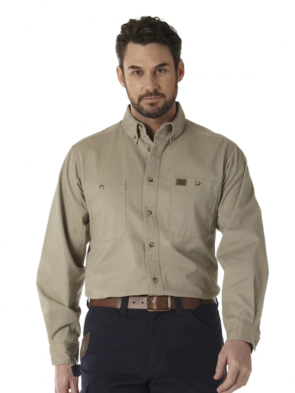 Wrangler Riggs Workwear Men's Logger Twill Long Sleeve Work Shirt, Khaki, Large Tall