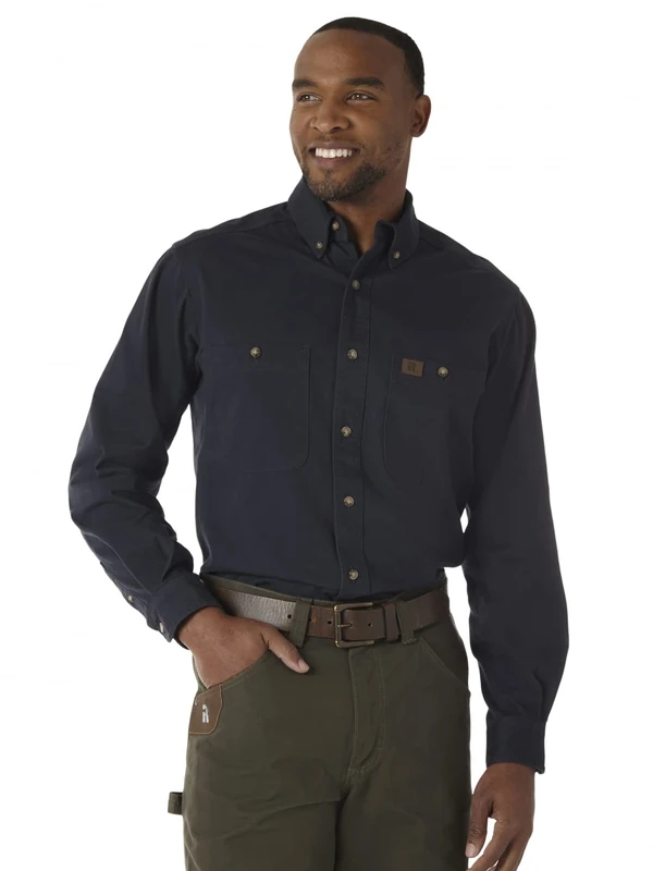 Wrangler Riggs Workwear Men's Logger Twill Long Sleeve Work Shirt, Navy, XL Tall