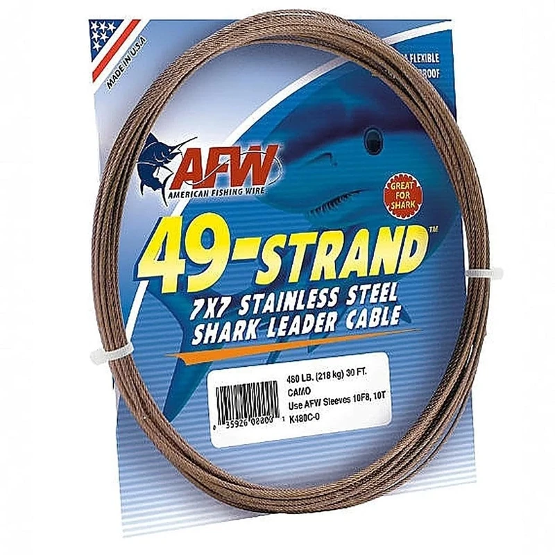 American Fishing Wire 49 Strand, 7x7 Stainless Steel Shark Leader Cable, 175 lb / 80 kg Test, .036 in / 0.91 mm Dia, Camo, 300 ft / 91.5 m