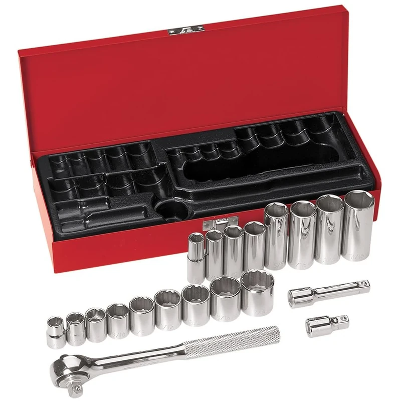KLEIN TOOLS 65508 3/8-Inch Drive Socket Wrench Set with 6-Point, 12-Point, and 6-Point Deep Sockets in SAE Sizes, Case Included, 20-Piece