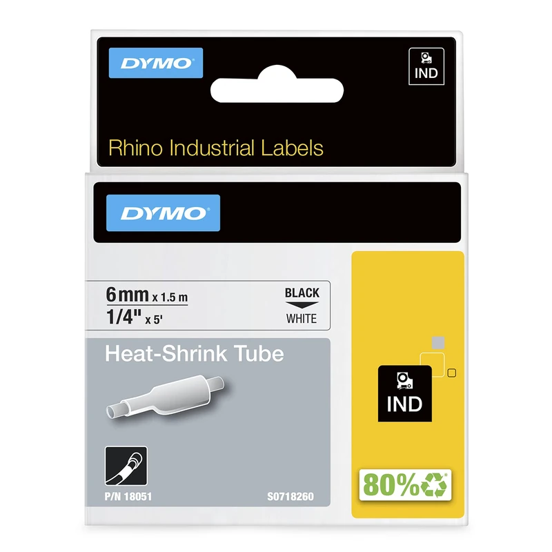 DYMO Rhino Industrial Heat-Shrink Cable Label Tubes | 6mm x 1.5m | Black Print on White | for Rhino Label Makers