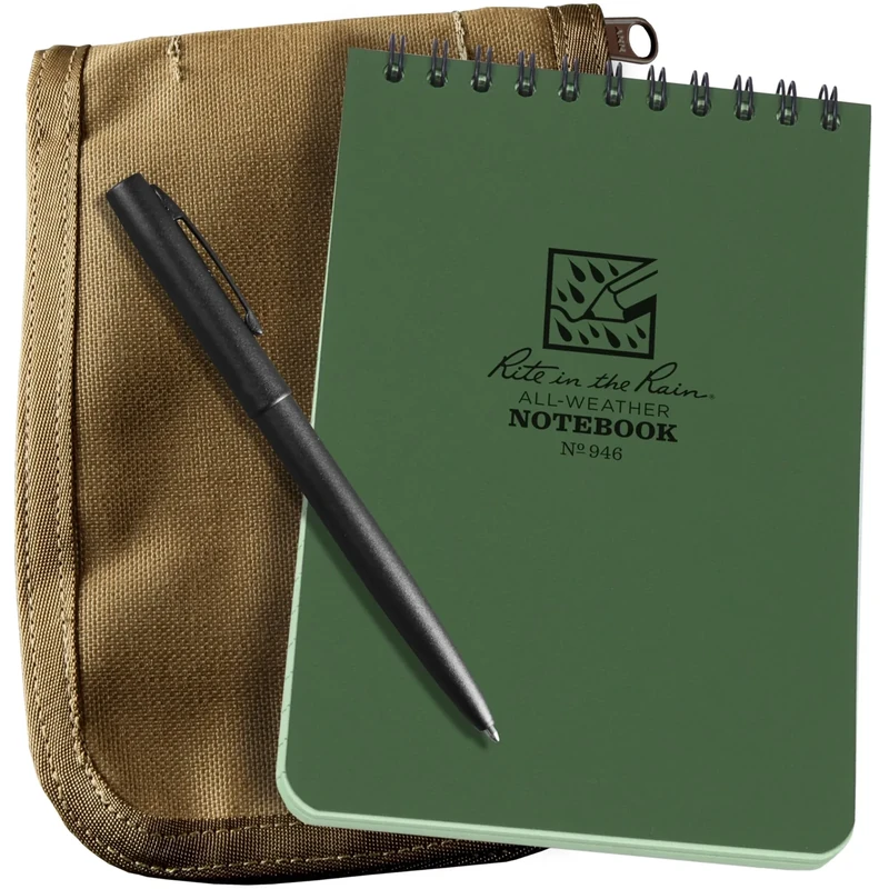Rite in the Rain Weatherproof 4" x 6" Top Spiral Notebook Kit: Tan Cordura Fabric Cover, 4" x 6" Green Notebook, and an Weatherproof Pen (No. 946-KIT)