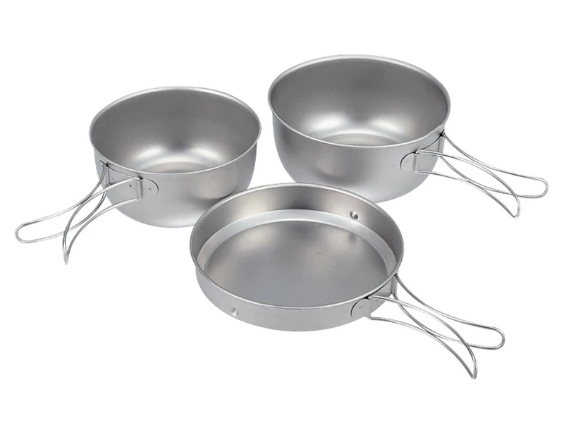 Snow Peak 3 Piece Titanium Cookset, lightweight frypan and saucepan set, convertible to bowls, collapsable handles and nestle together with carry case, for camping and outdoor cooking