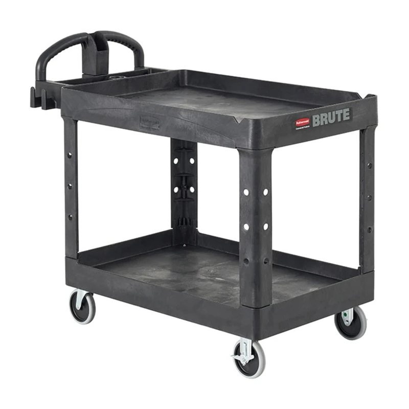 Rubbermaid Commercial Products 2-Shelf Utility/Service Cart, Small, Lipped Shelves, Ergonomic Handle, 500 lbs. Capacity, for Warehouse/Garage/Cleaning/Manufacturing (FG450088BLA)