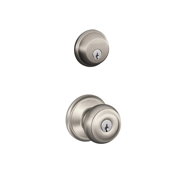 SCHLAGE, Satin Nickel FB50N V GEO 619 B60 Single Cylinder Deadbolt and F51 Entry Knob Keyed Alike, Finish, Security Set_Georgian