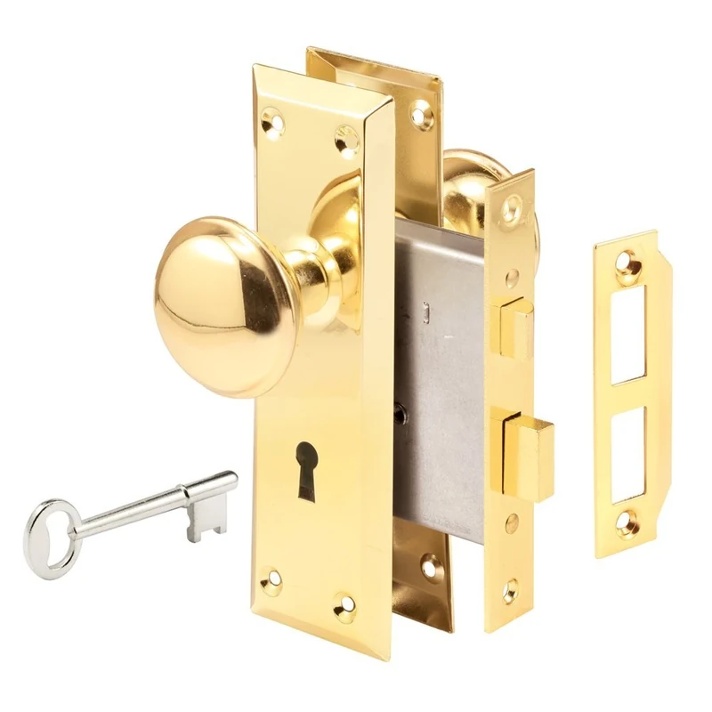 Prime-Line Defender Security E 2293 Mortise Lock Set, 2-3/8 in. Backset, Case Hardened Steel, Polished Brass, Reversible (Single Pack)