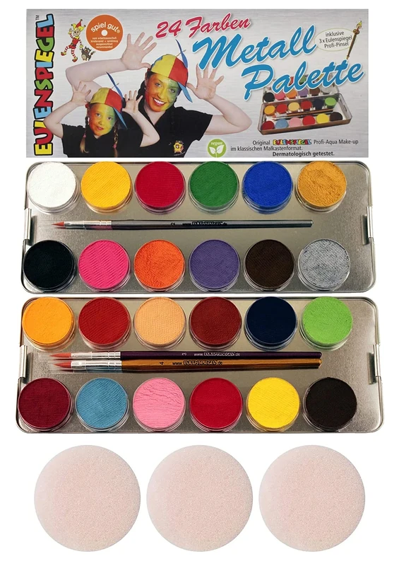Eulenspiegel 224007 - Professional aqua makeup, 24 colors, 3 professional brushes, 3 sponges, metal palette - Image 1