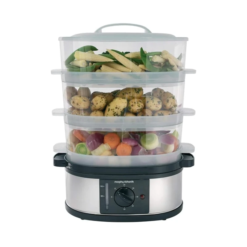 Morphy Richards 3 Tier Food Steamer, 9L, 60 Minute Timer with Bell, Instant Steam Production, Visible Water Gauge, Rice Tray, 750W, Stainless Steel, 48755, Black