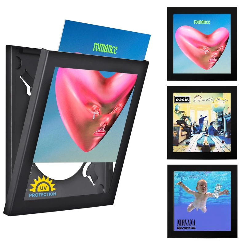 PLAY AND DISPLAY Art Vinyl Record Frame 3 Pack, Holds Single or 1–3 LPs/Double LP Gatefold Sleeve | 15" x 15" Matte Black Flip Frames with UV Protection, Scratch-Resistant Acrylic, Easy Wall Mount