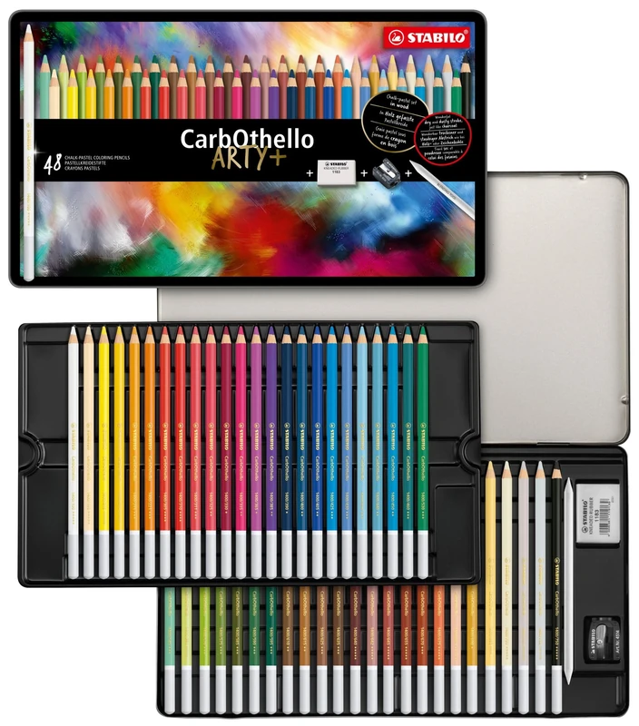 STABILO CarbOthello - Chalk-Pastel Pencil - ARTY+ - Tin of 48 - Assorted Colours with Sharpener, Kneaded Eraser and Blending Stump