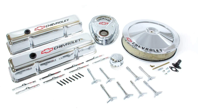 Proform 141-900 Chrome Engine Dress-Up Kit with Black Chevrolet/Red Bowtie Logo for Small Block Chevy