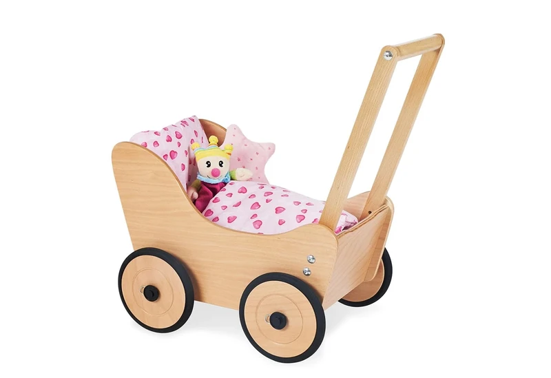 Pinolino doll stroller Sarah, made of wood, with braking system, baby walker with rubberized wooden wheels, for children from 1 - 6 years, natural