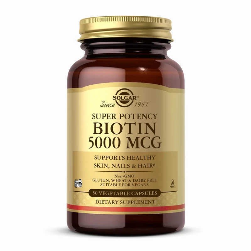 Solgar Biotin 5000 mcg Vegetable Capsules - High Strength Formula - Supports Hair Growth, Glowing Skin, Energy & Vitality - Health Supplement - Sugar Free - Suitable for Vegans - Pack of 50