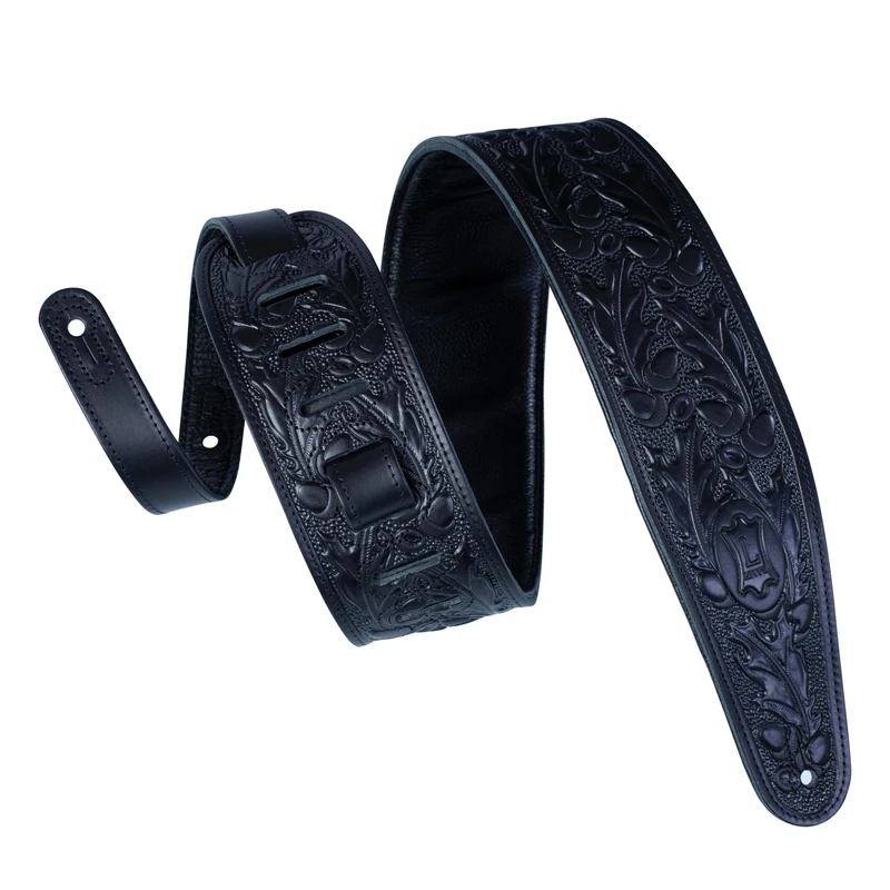 Levy's Leathers 3" Padded Veg-Tan Leather Leather Guitar Strap; Acorn and Oak Leaves Design; Black (PM44T01-BLK)