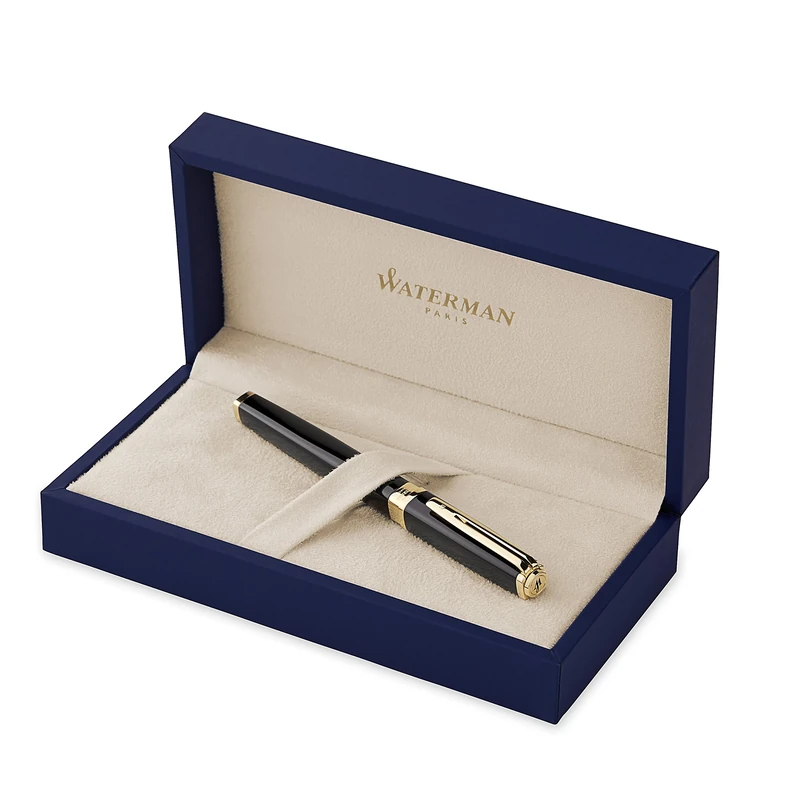 Waterman Exception Fountain Pen | Slim Black with 23k Gold Clip | Medium Nib with Blue Ink Cartridge | Gift Box