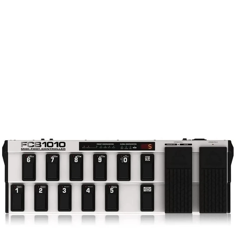 Behringer FCB1010 MIDI Foot Controller, 2 Expression Pedals, 10 Preset Banks, MIDI Merge, 5-Pin MIDI In/Out, 2 Relay Switch Jacks, Power Adapter Included