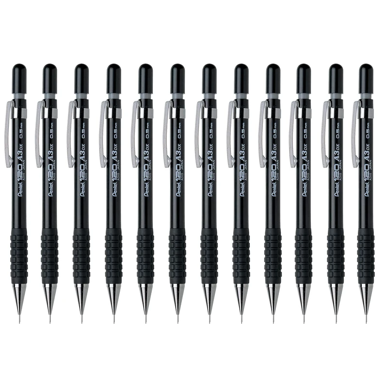 Pentel A300 Automatic Pencil with Rubber Grip and 2 x HB 0.5 mm Lead Black Barrel Ref A315-AX [Pack of 12]