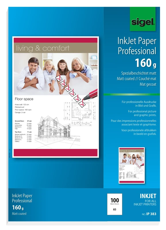 SIGEL IP383 InkJet Paper, coated, White, 160 gsm, A3, 100 sheets