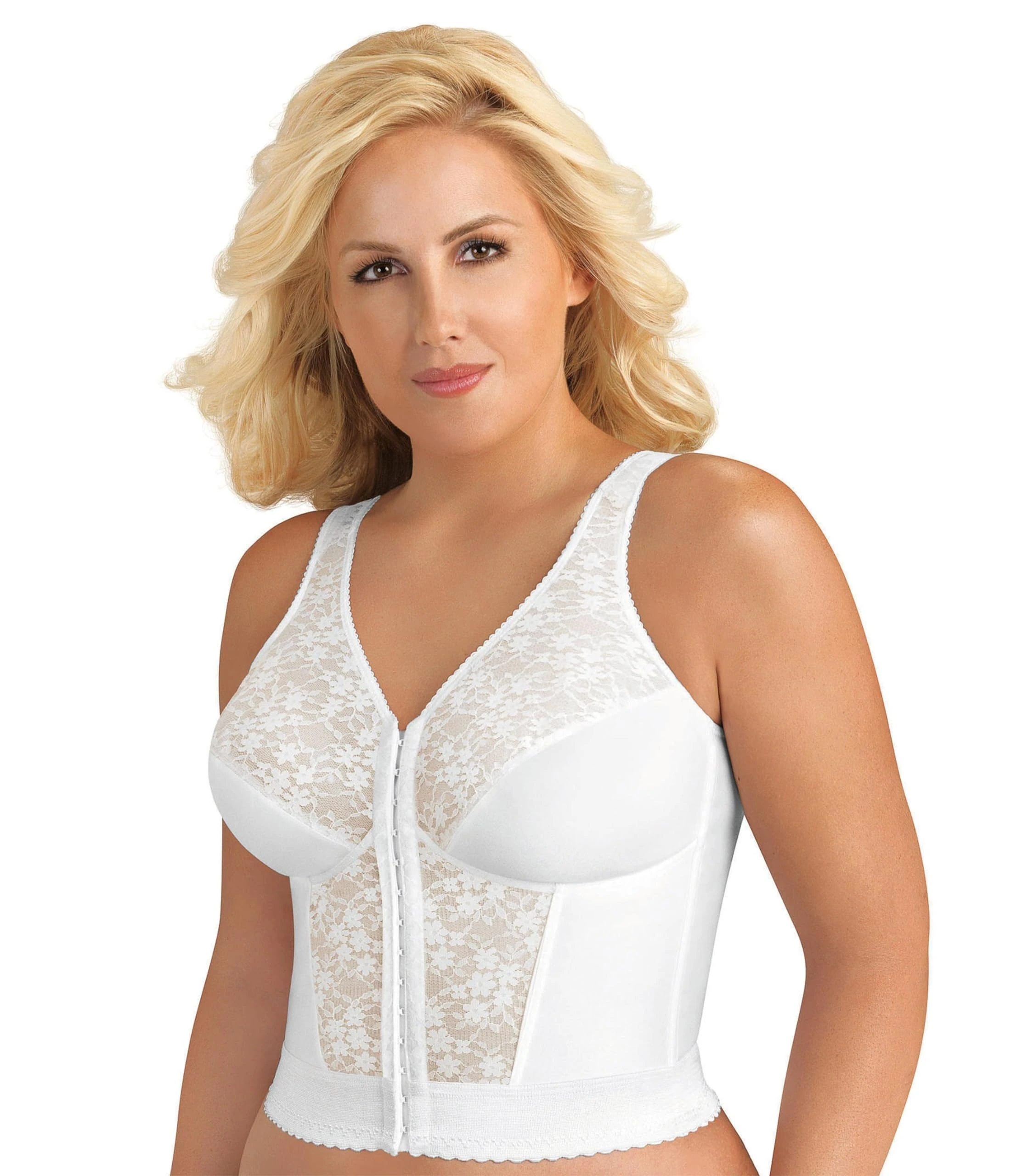 Exquisite Form Women's Fully Front Close Longline Lace Posture Bra, White, 44DD