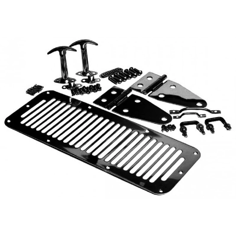RAMPAGE PRODUCTS Rampage Complete Hood Kit | Includes: Hood Stops, Hinges, Vent, Footman Loop & Windshield Tie Downs, Black | 7699 | Fits 1978-1995 Jeep CJ & Wrangler YJ