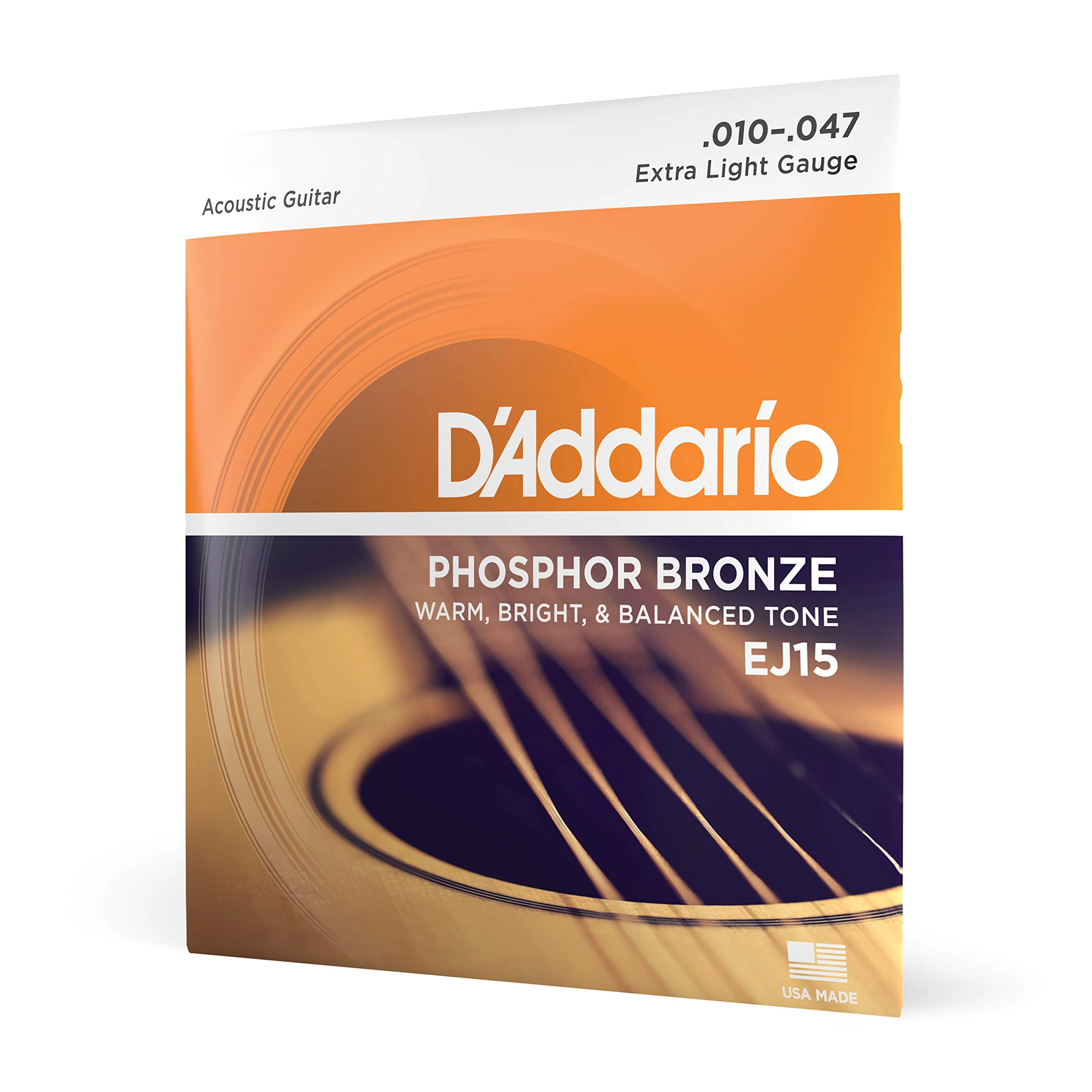 D'Addario Guitar Strings - Phosphor Bronze Acoustic Guitar Strings - EJ15 - Rich, Full Tonal Spectrum - For 6 String Guitars - 10-47 Extra Light