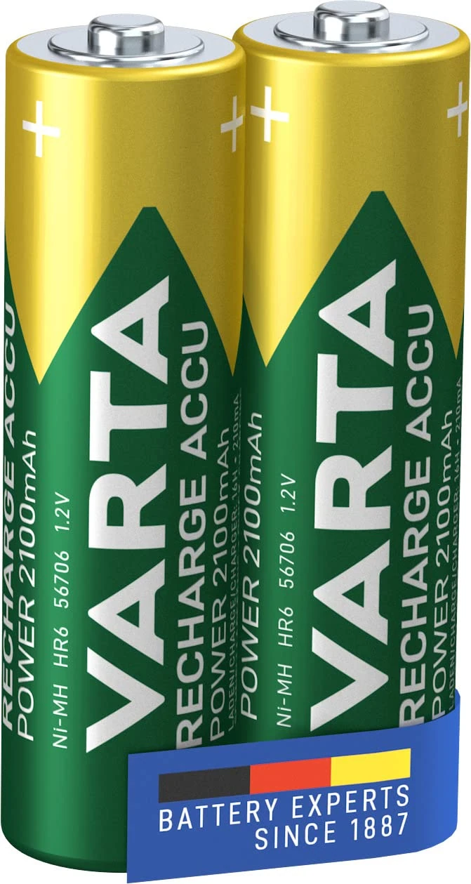 VARTA 1213 Recharge Accu Power, Ready-To-use pre-charged AA Mignon NiMH rechargeable battery (2-pack, 2100 mAh) - without memory effect