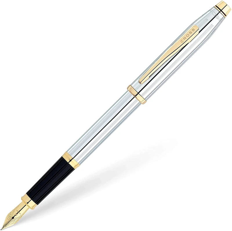 Cross Century II Refillable Click-Off Cap Metal Fountain Pen with 23 Carat Gold Plated Appointments, Medium Gold Nib, includes Premium Gift Box and 2 Black Cartridge Refills, 1 Pack, Medalist Chrome