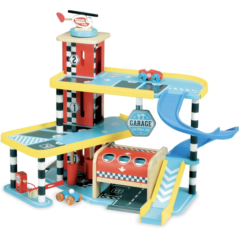 Vilac Wooden Pretend Play Grand Garage, Includes 2 Cars 1 Helicopter and Traffic Signs, Wood and Bright Design, 3 Years+