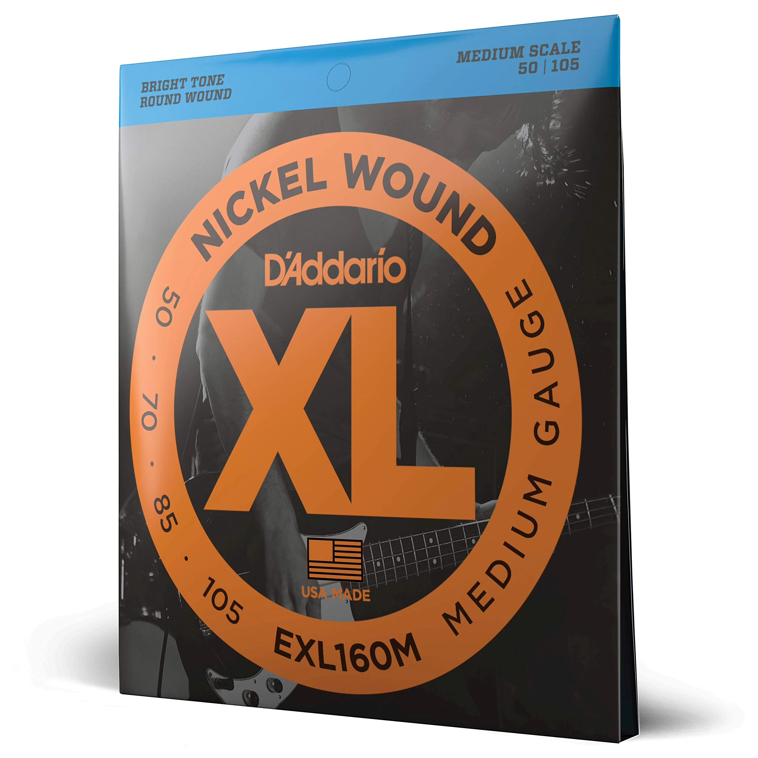 D'Addario Bass Guitar Strings - XL Nickel - EXL160M - Perfect Intonation, Consistent Feel, Powerful Durability - 4 String Set - 50-105 Medium, Medium Scale