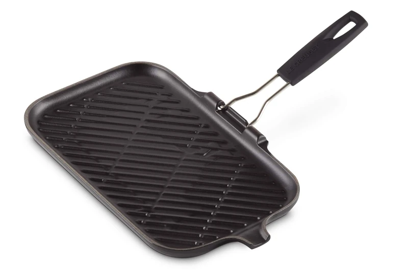 LE CREUSET Enamelled Cast Iron Large Rectangular Grill Pan, with Folding Handle, for Low Fat Cooking On All Hob Types Including Induction, 24cm Matte Black, 20049000000400