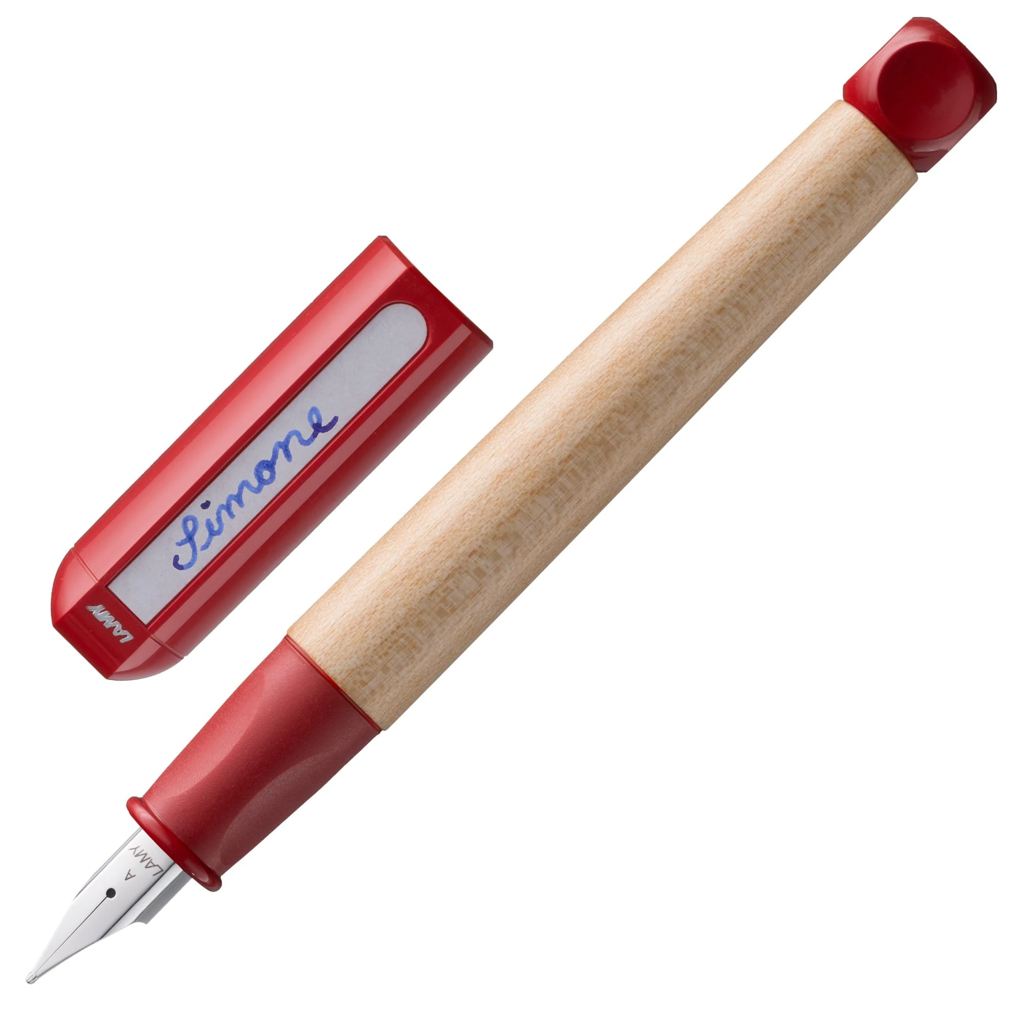 LAMY abc red - child-friendly Fountain Pen for writing beginners with ergonomic grip & polished Left-Handed steel nib (LH) in size M - robust maple wood - including LAMY T 10 blue ink cartridge