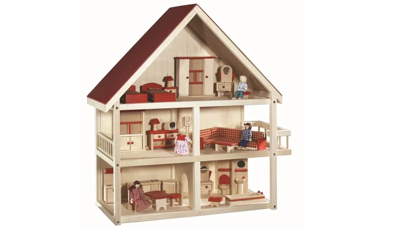roba Doll's House with Furniture and Dolls, Girls' Toys, Natural Wood, Wood multi-coloured, 1 piece (1 pack)