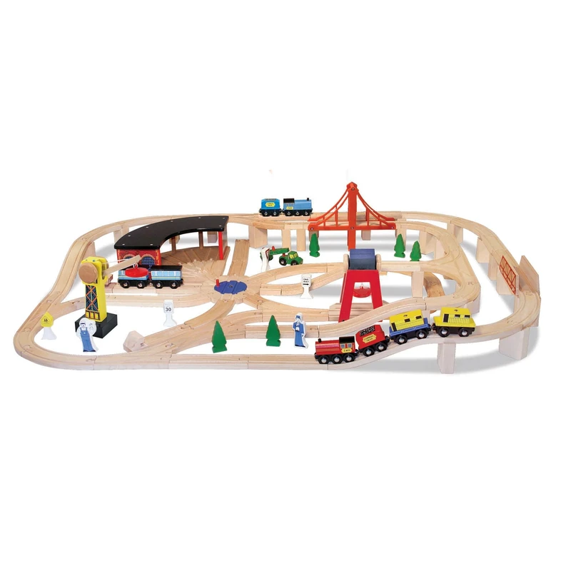 Melissa & Doug Wooden Railway Set – 130-Piece Classic Train Set with Tracks, Bridges & Accessories – Interactive Pretend Play Toy for Kids Age 3 Plus