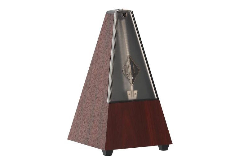 Wittner Metronome Taktell Pyramid Shape System Maelzel Series 802K - Plastic casing - With bell - With plexiglass lid - Mahogany grain - Mechanically wound - No batteries required - Made in Germany