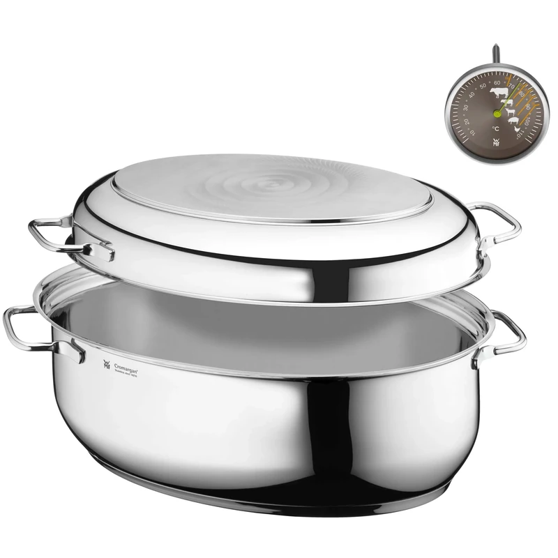 WMF roaster with lid, oven-safe, 8.5 l, induction roaster, Cromargan stainless steel, induction lid, roasting thermometer, 41x28x18.5 cm